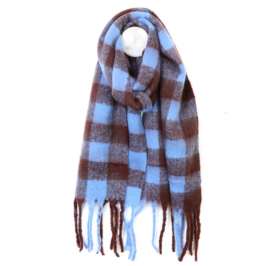 Brown and cornflower blue check scarf with twisted fringes, on white