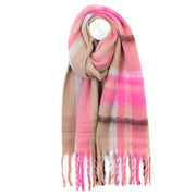 Taupe and pink check cosy scarf with twisted fringes, on white