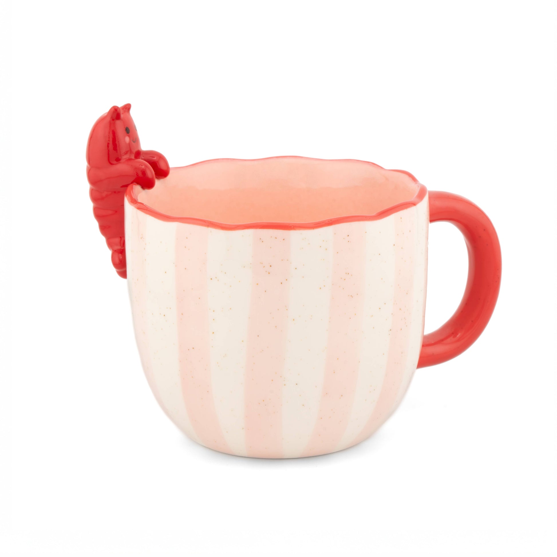 Coral pink ceramic mug with lobster claw handle design