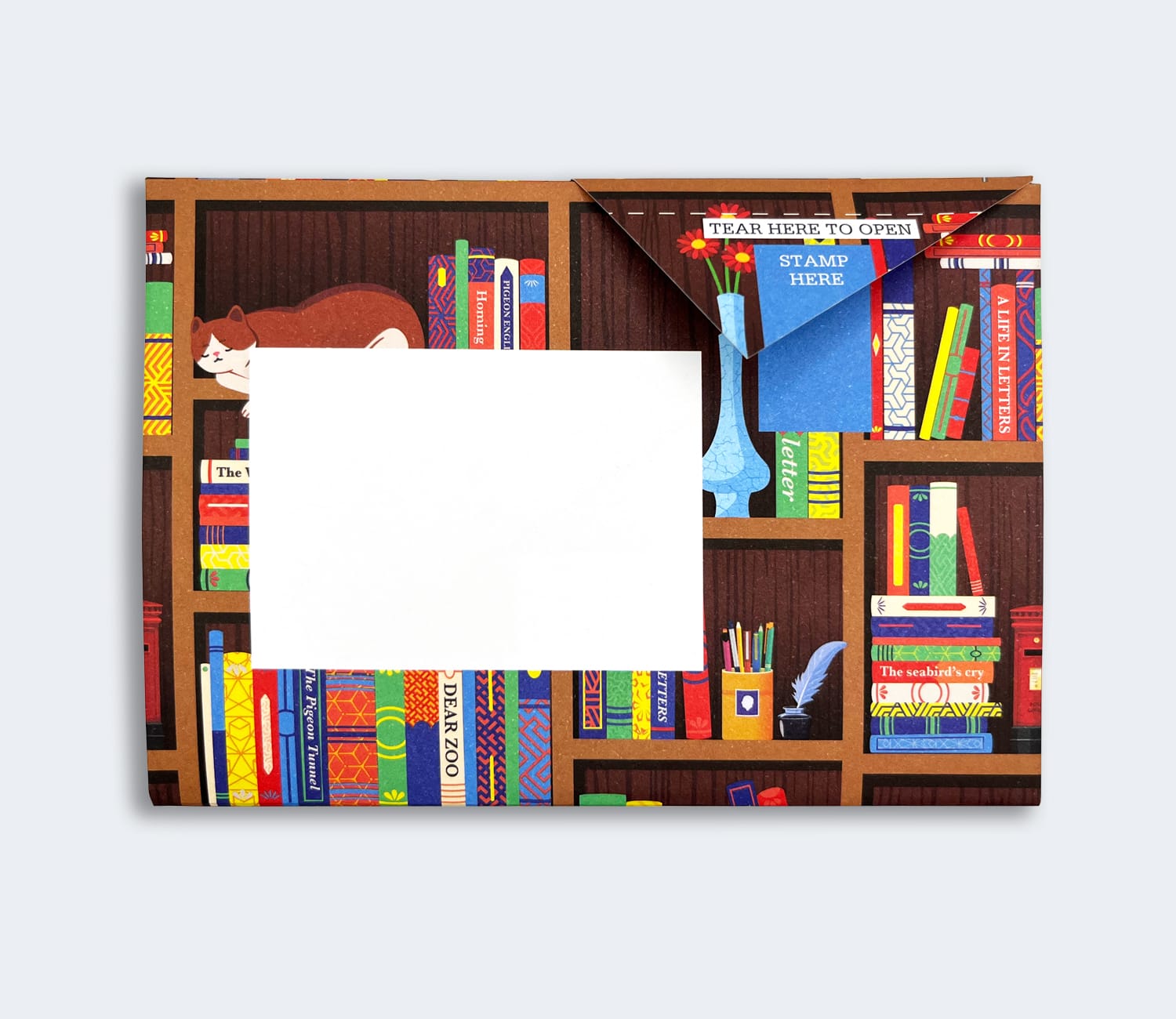 Folded Pigeon letter front with bookshelf and writing supplies illustration