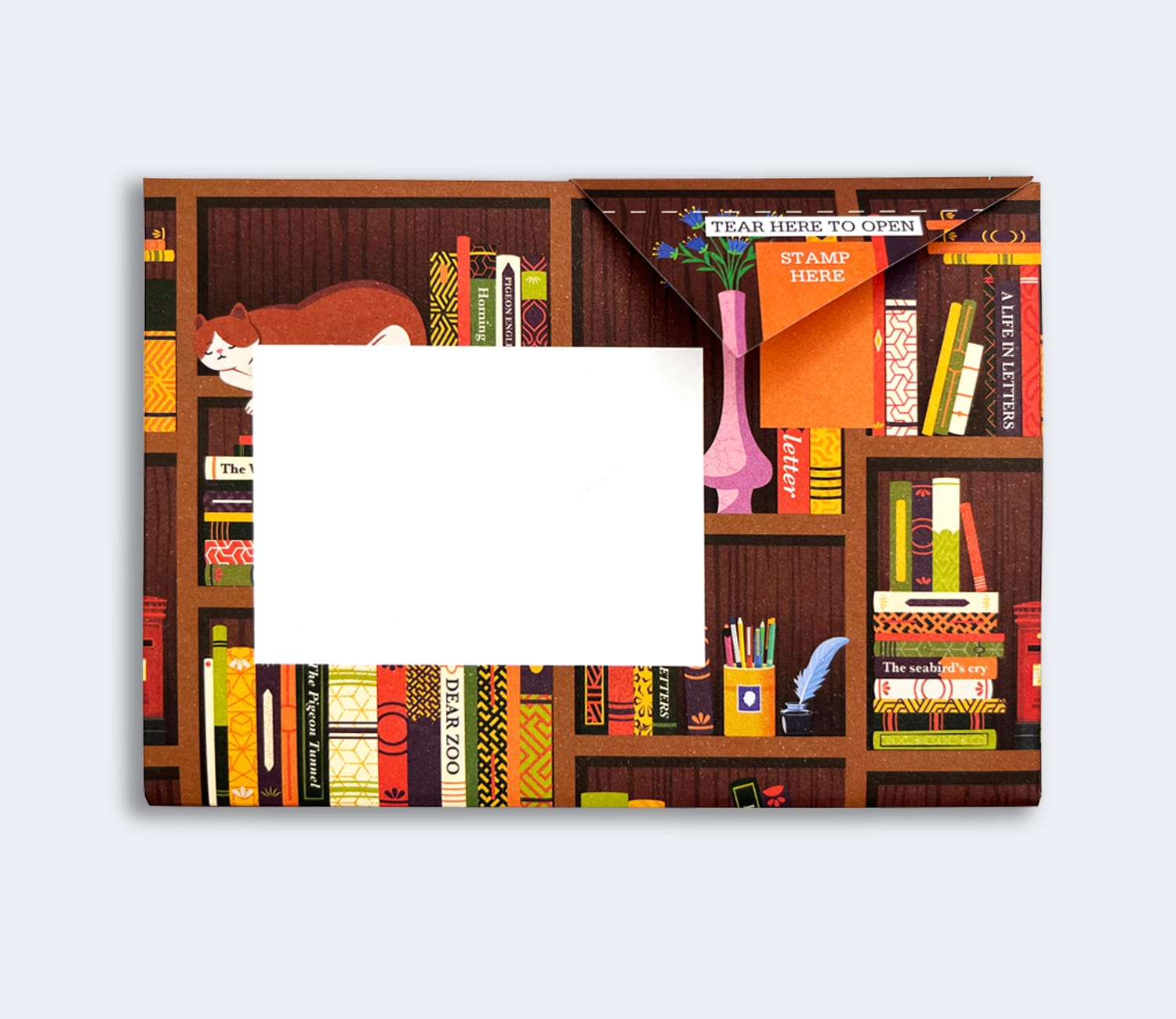 Folded Pigeon letter front with colourful book spines design variant