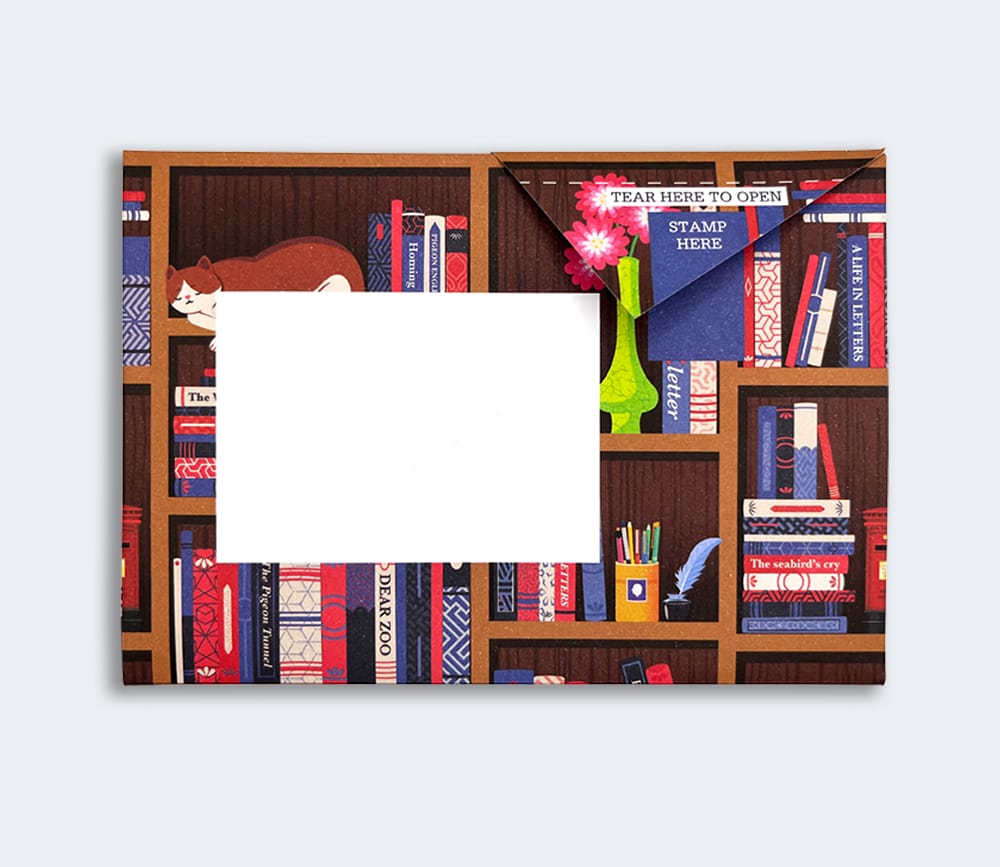 Folded Pigeon letter back with bookshelf pattern third variant