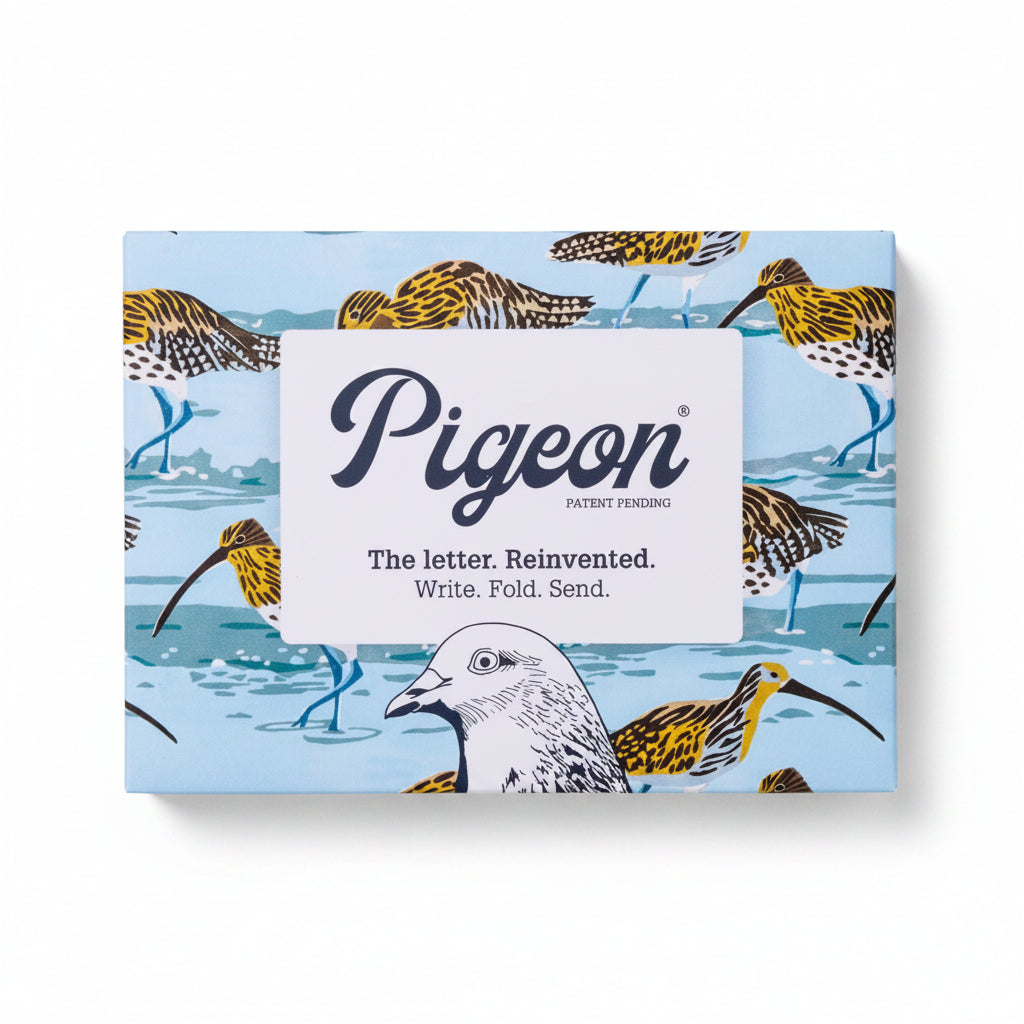 Hebridean Pigeons pack front with wading bird illustration on light blue background