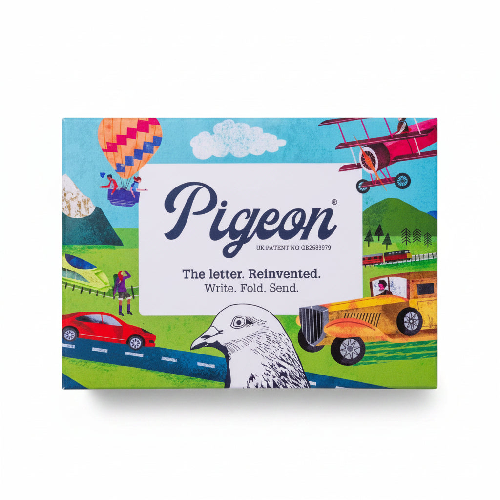Hop on Board Pigeons pack front with cars trains and planes on blue sky background