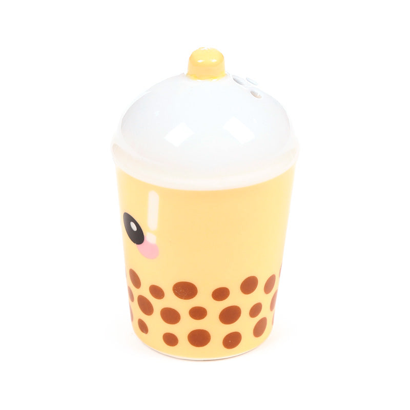 Boba bubble tea shaker viewed from an angle on a white background