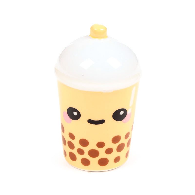 Cream boba bubble tea shaker with a smiling painted face