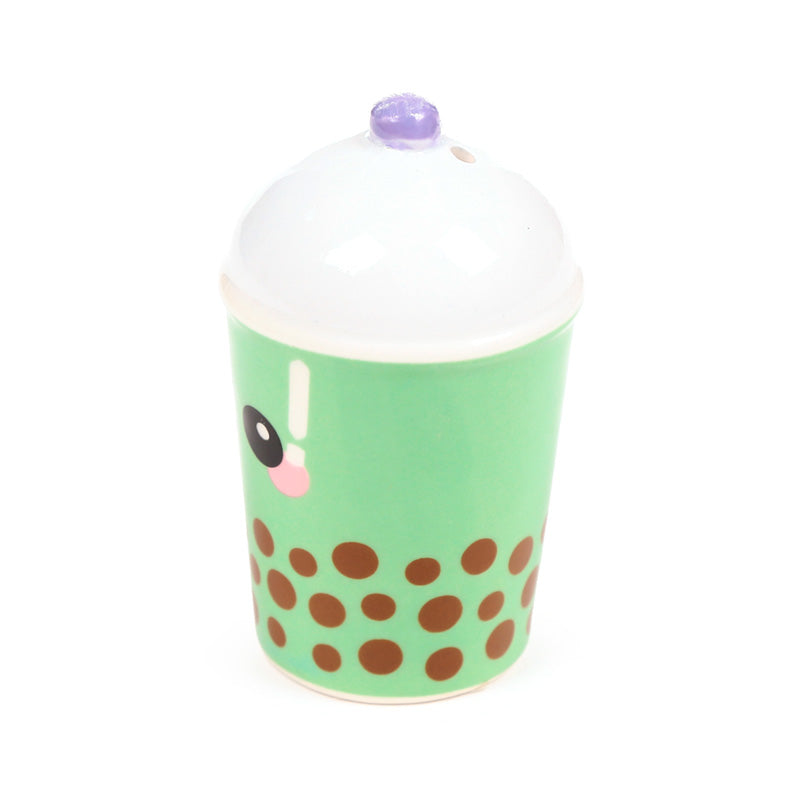 Side view of the green matcha shaker showing the tapioca pearls