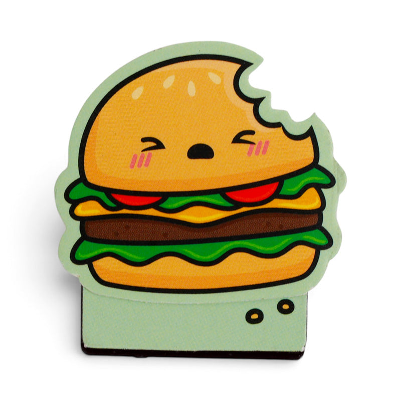 Smiling cheeseburger magnetic bookmark on a white background