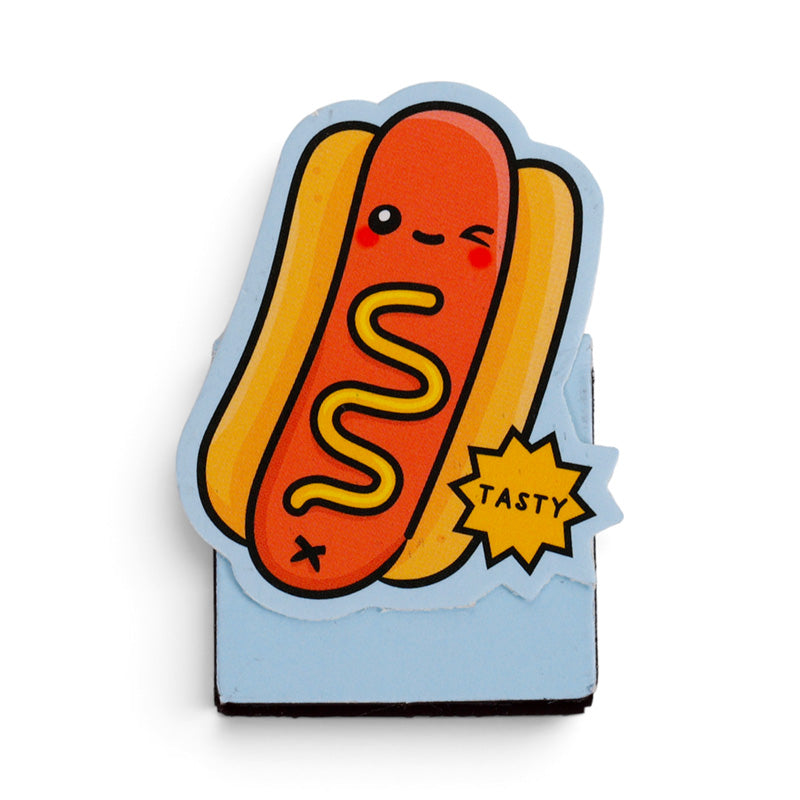 Hot dog magnetic bookmark with a mustard swirl and Tasty flash