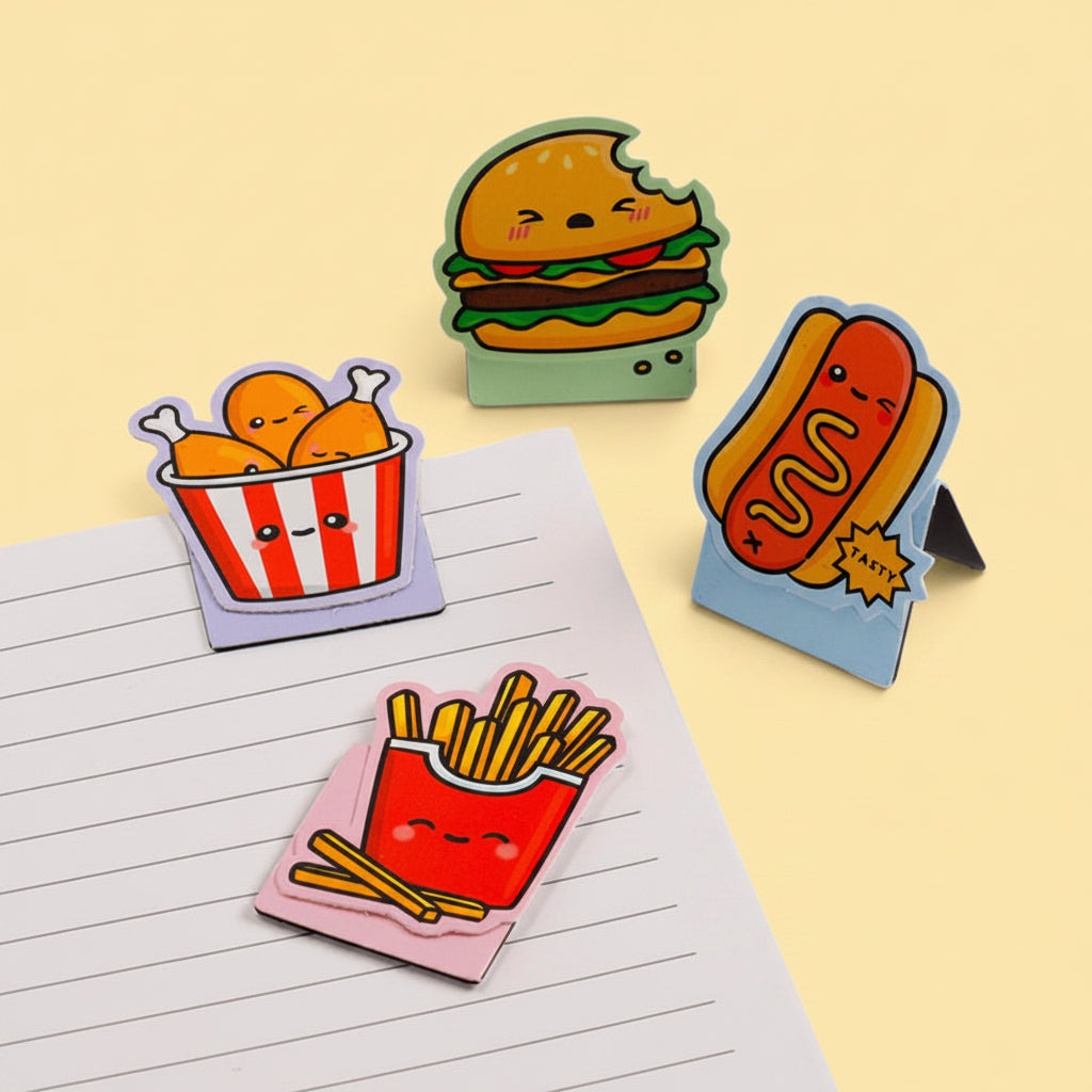 Burger and fries bookmarks clipped onto the pages of a notebook