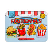 Four fast food magnetic bookmarks on a printed Foodiemals card