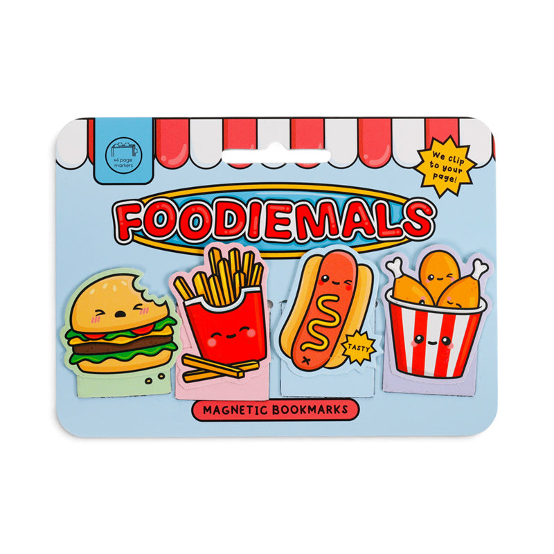 Four fast food magnetic bookmarks on a printed Foodiemals card