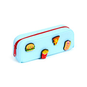 Pale blue silicone pencil case with food charms and a red zip