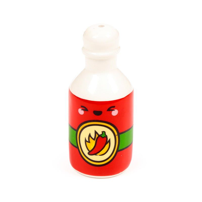Red hot sauce bottle shaker with a painted chilli label