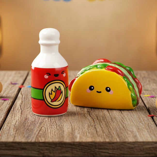 Taco and hot sauce salt and pepper shakers ready for styling