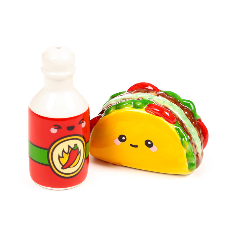 Ceramic taco and hot sauce bottle salt and pepper shakers