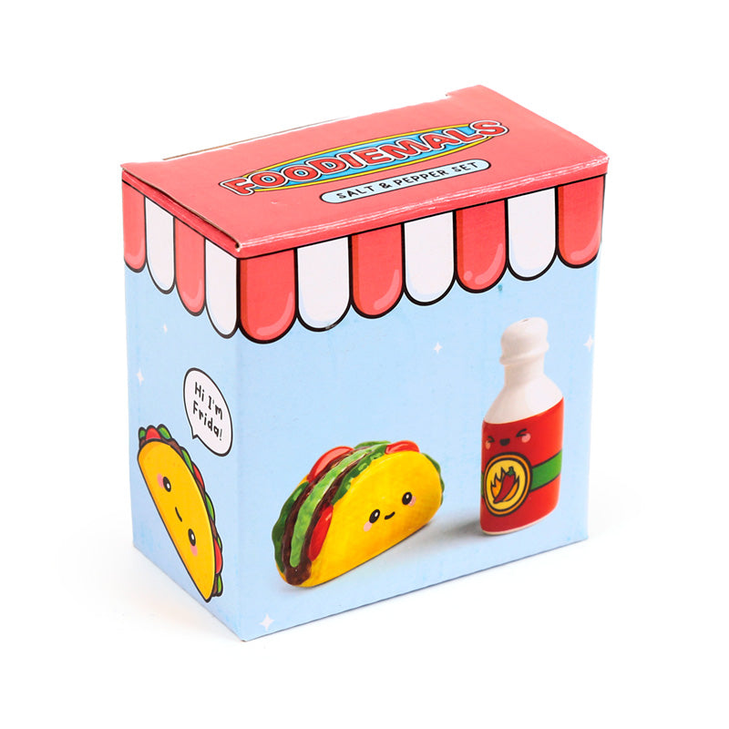 Taco and hot sauce shakers in their printed taco stand gift box