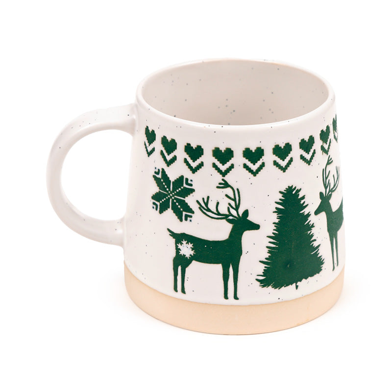 Green reindeer stoneware mug with the handle to the left on white
