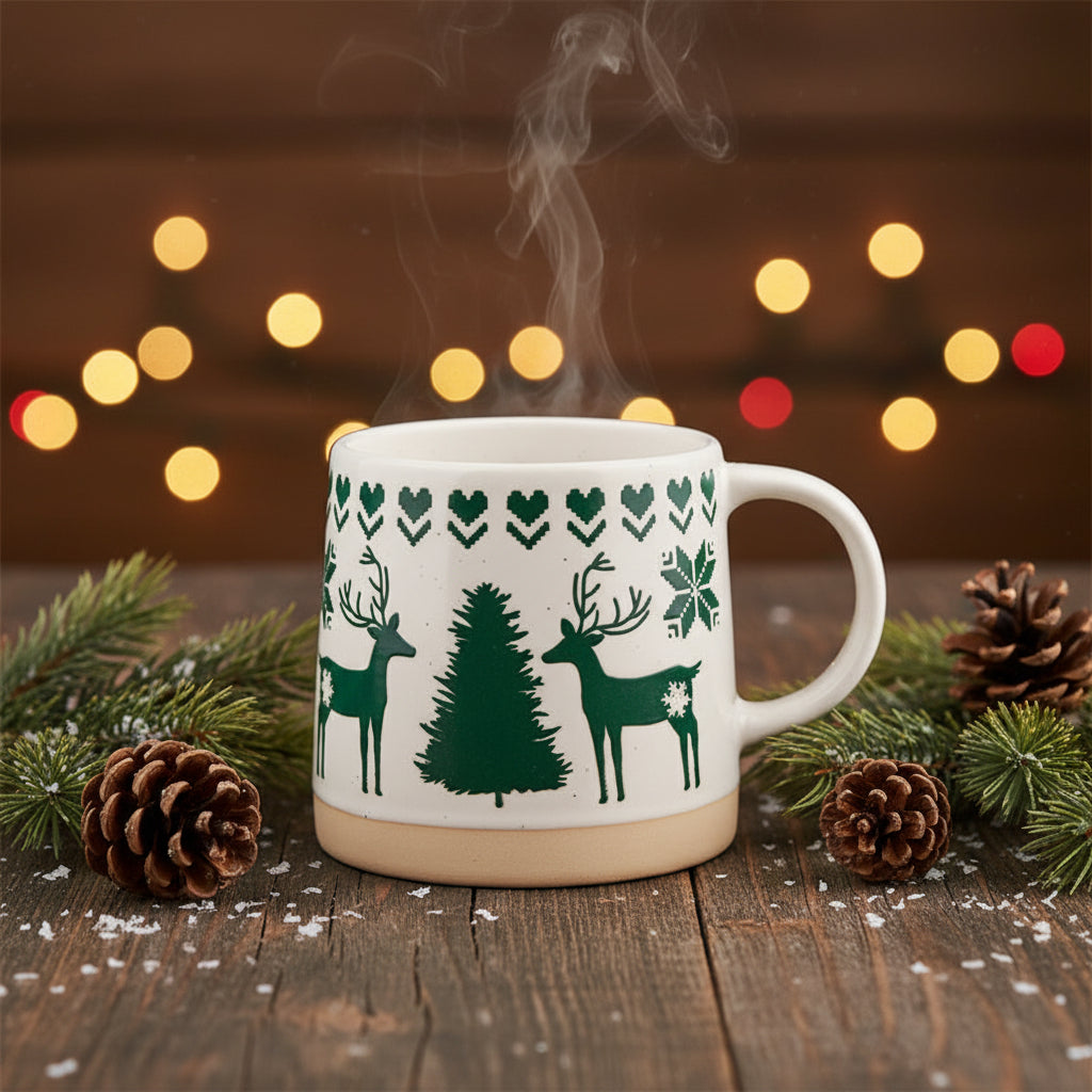 Green reindeer stoneware mug ready for styling