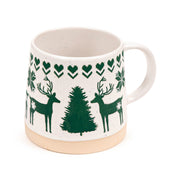 Cream stoneware mug with green Nordic reindeer and fir tree bands