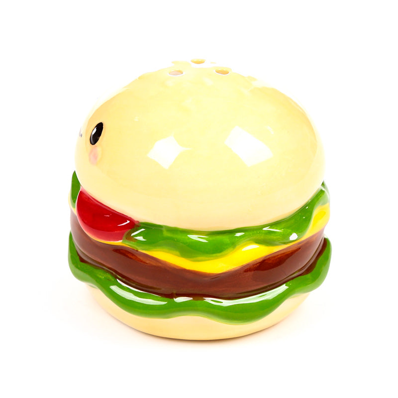 Cheeseburger shaker viewed from above at an angle