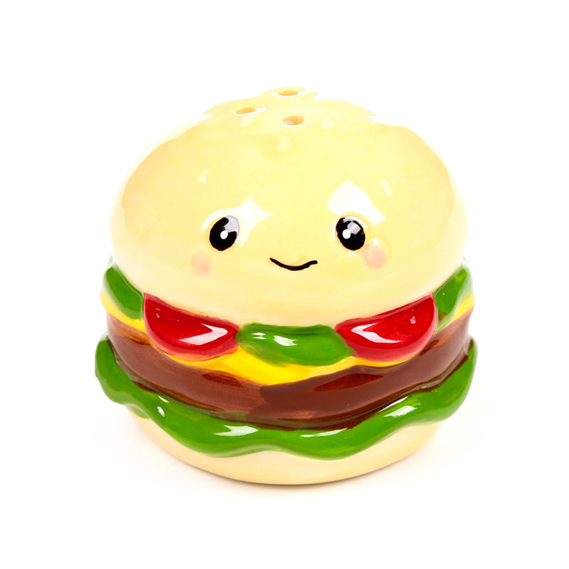 Ceramic cheeseburger shaker with lettuce tomato and cheese detail