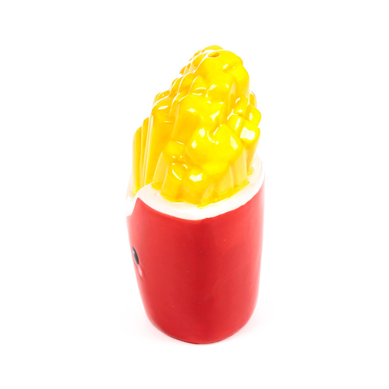 Side view of the red fries carton shaker on a white background