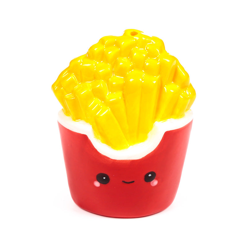 Red fries carton shaker with painted yellow fries and a happy face