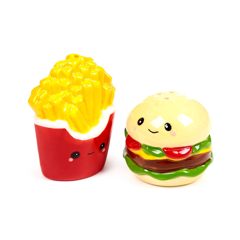 Ceramic cheeseburger and red fries carton salt and pepper shakers
