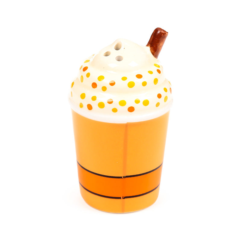 Latte cup salt shaker viewed from above at an angle