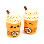 Pair of orange latte cup salt and pepper shakers with cream tops