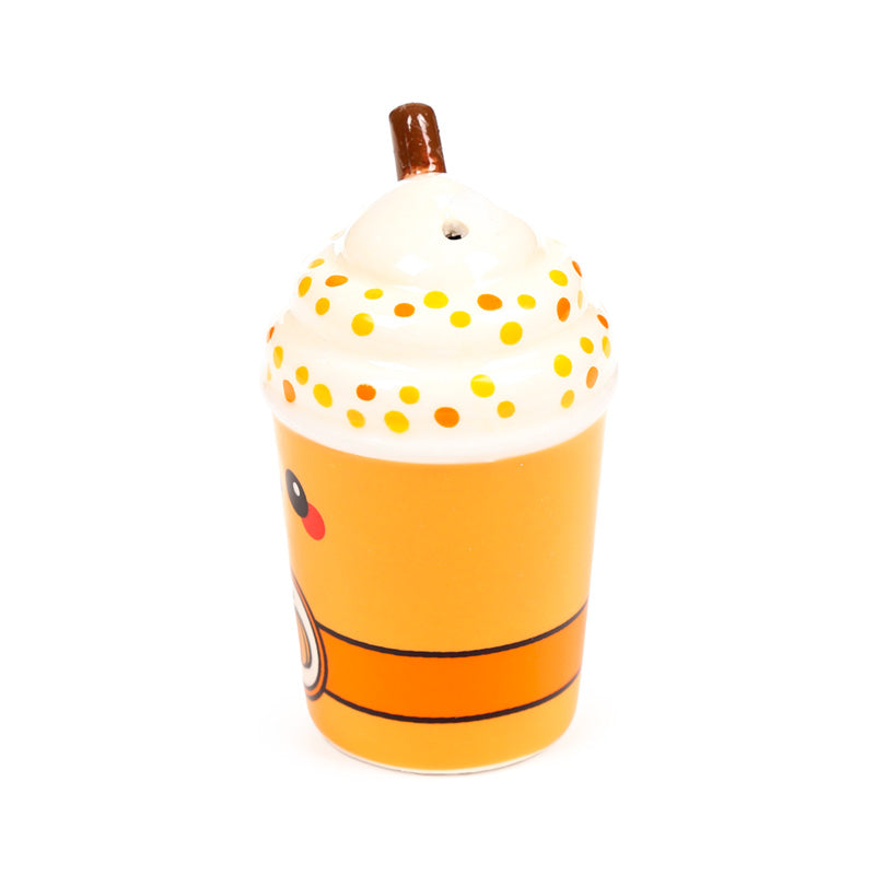 Side view of the orange latte cup shaker on a white background