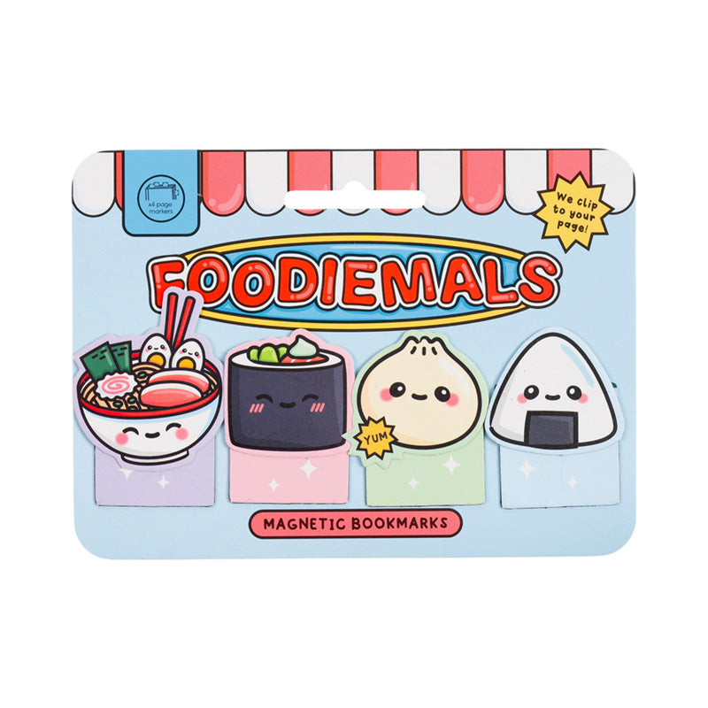 Four Japanese food magnetic bookmarks on a printed Foodiemals card