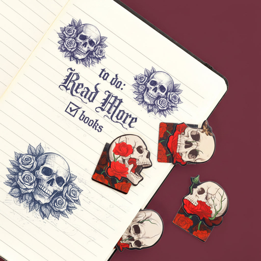 Skull and rose bookmarks clipped onto the pages of an open book
