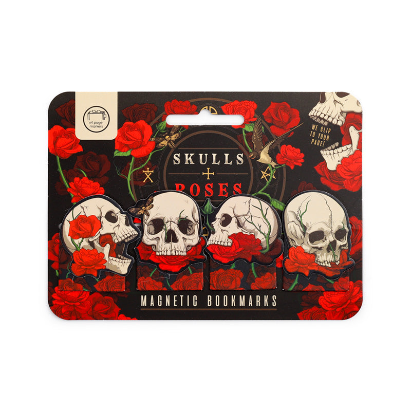 Four skull and rose magnetic bookmarks on a printed black card