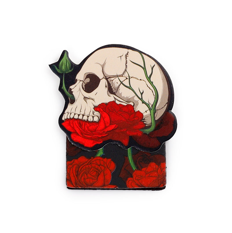 Skull magnetic bookmark crowned with dark red roses and leaves