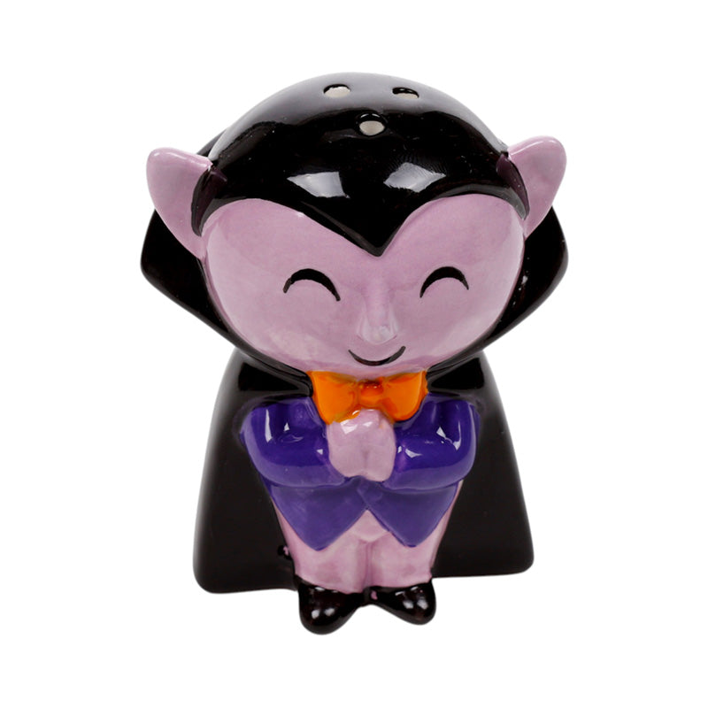 Ceramic Dracula shaker with black cape purple collar and fangs