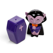Ceramic Dracula and purple coffin salt and pepper shakers