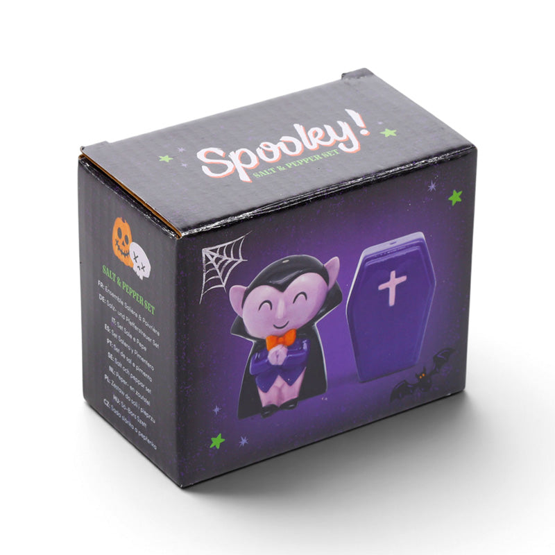 Dracula and coffin shakers in their printed Spooky gift box
