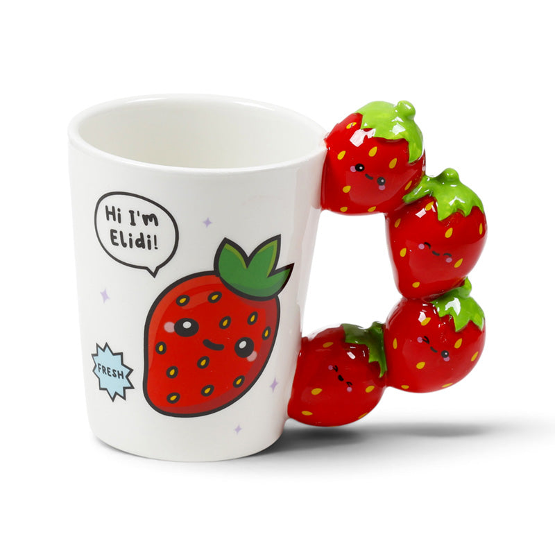 White ceramic mug with a sculpted strawberry handle and painted berries
