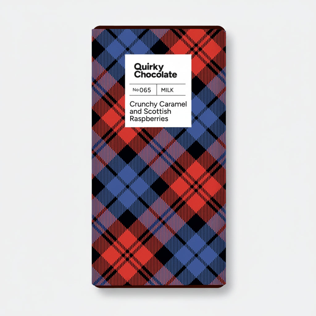 Crunchy caramel and Scottish raspberry chocolate bar in red and blue tartan wrapper