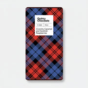 Crunchy caramel and Scottish raspberry chocolate bar in red and blue tartan wrapper