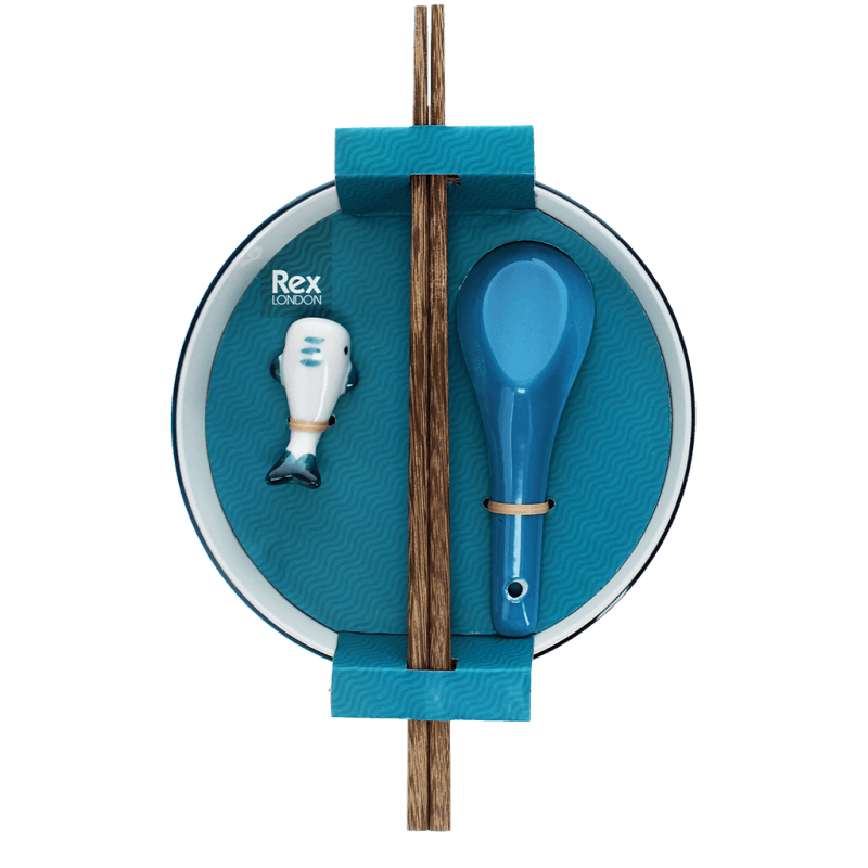 Blue whale ceramic noodle bowl with matching tableware