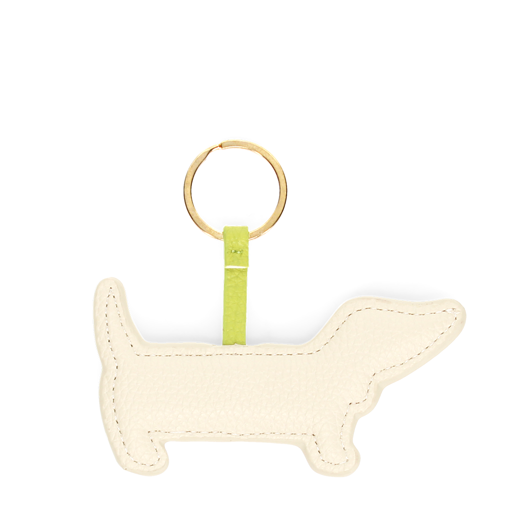Reverse of the cream faux leather sausage dog keyring showing stitched edges