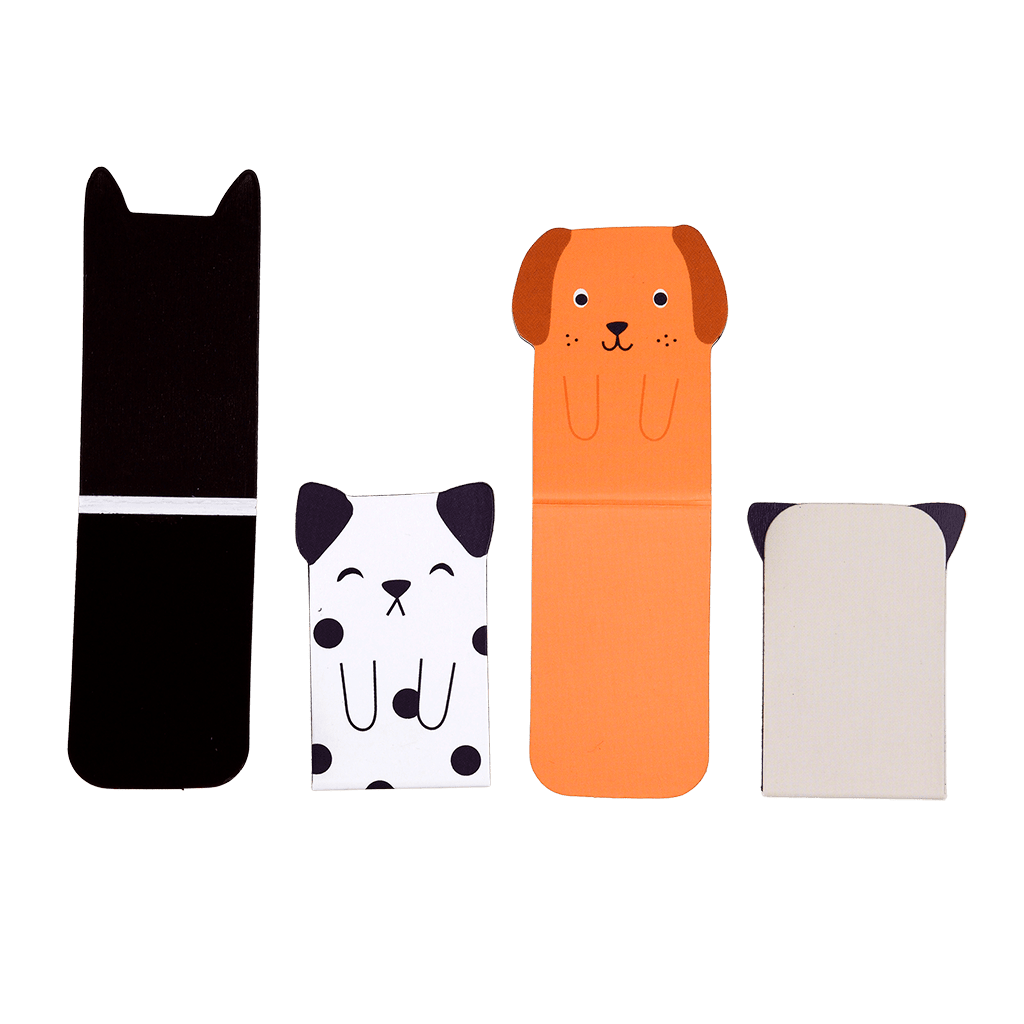 The four dog bookmarks opened out, showing black, spotty, ginger and cream designs