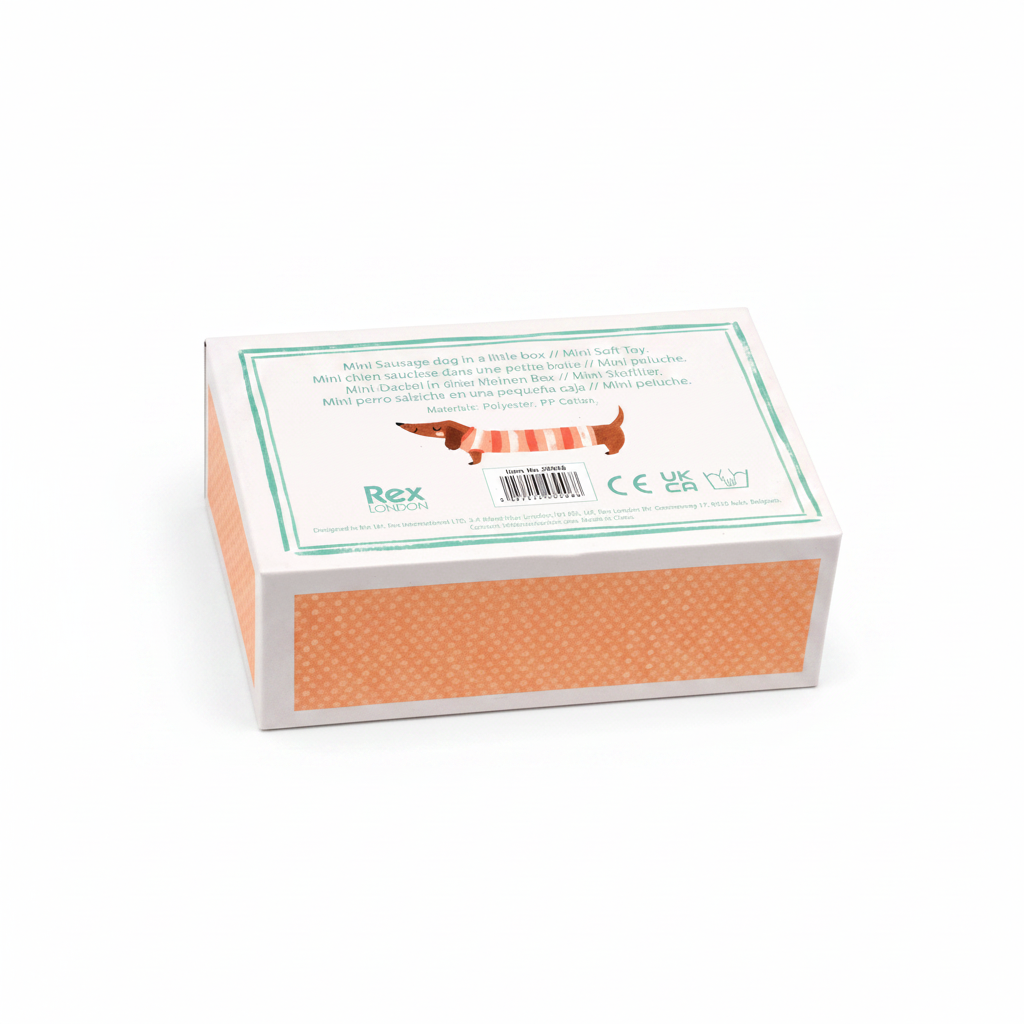 Underside of the mini sausage dog gift box showing the printed product label