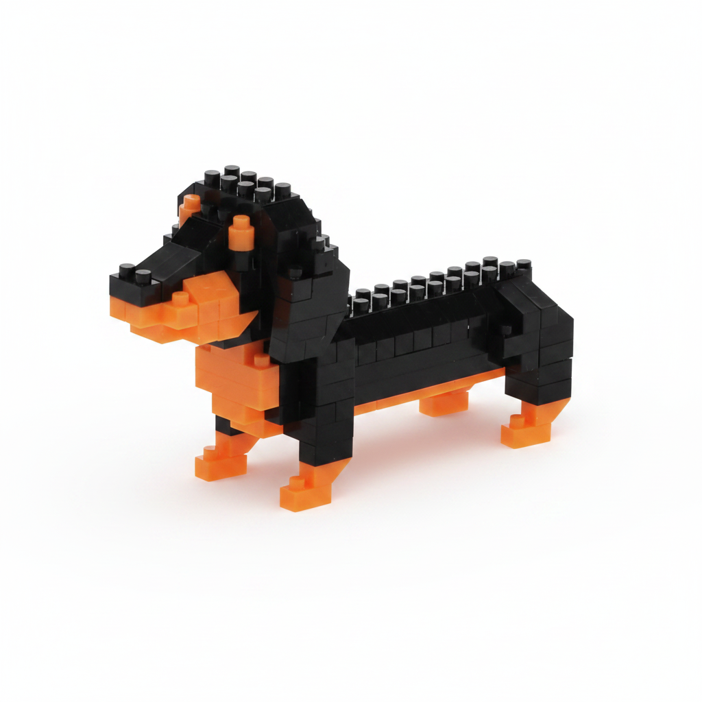 Completed black and tan micro brick dachshund model built from the kit