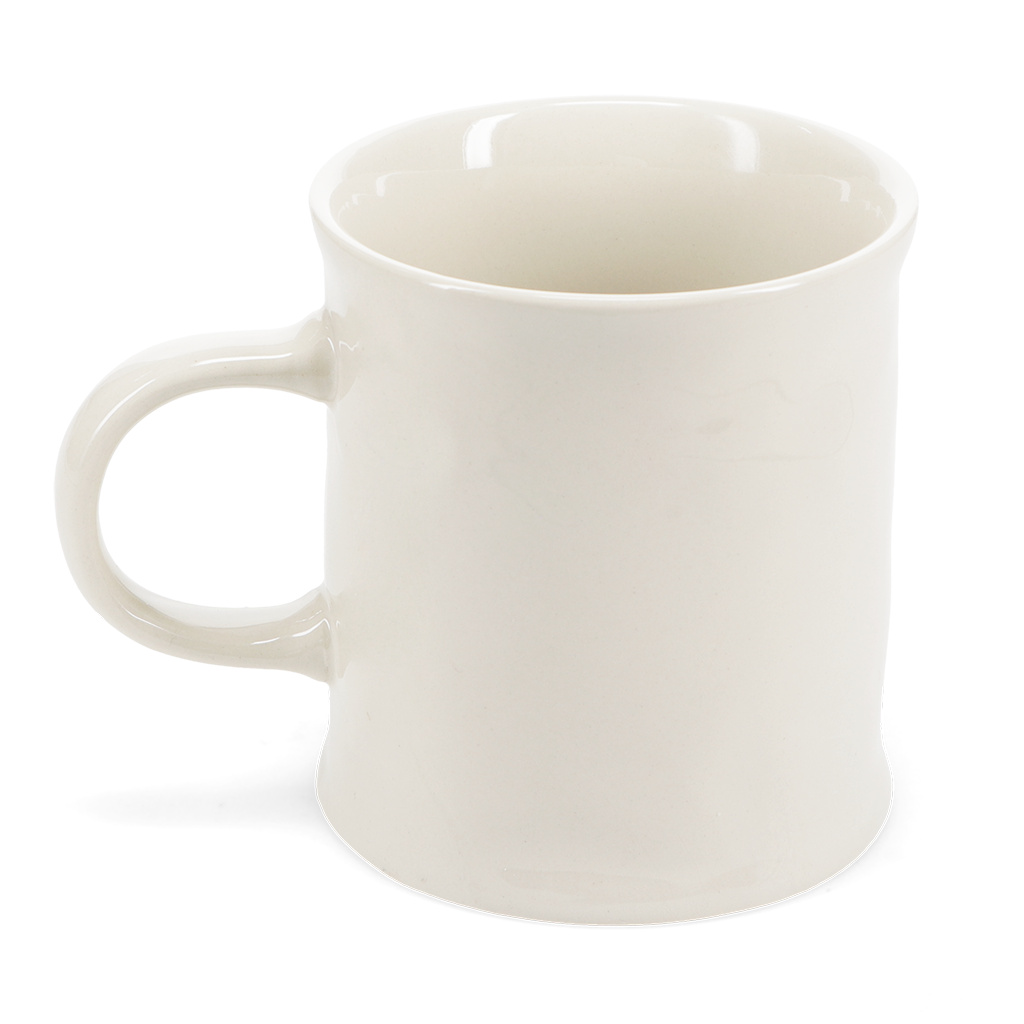 Reverse of the cream stoneware mug showing the plain glaze and chunky handle