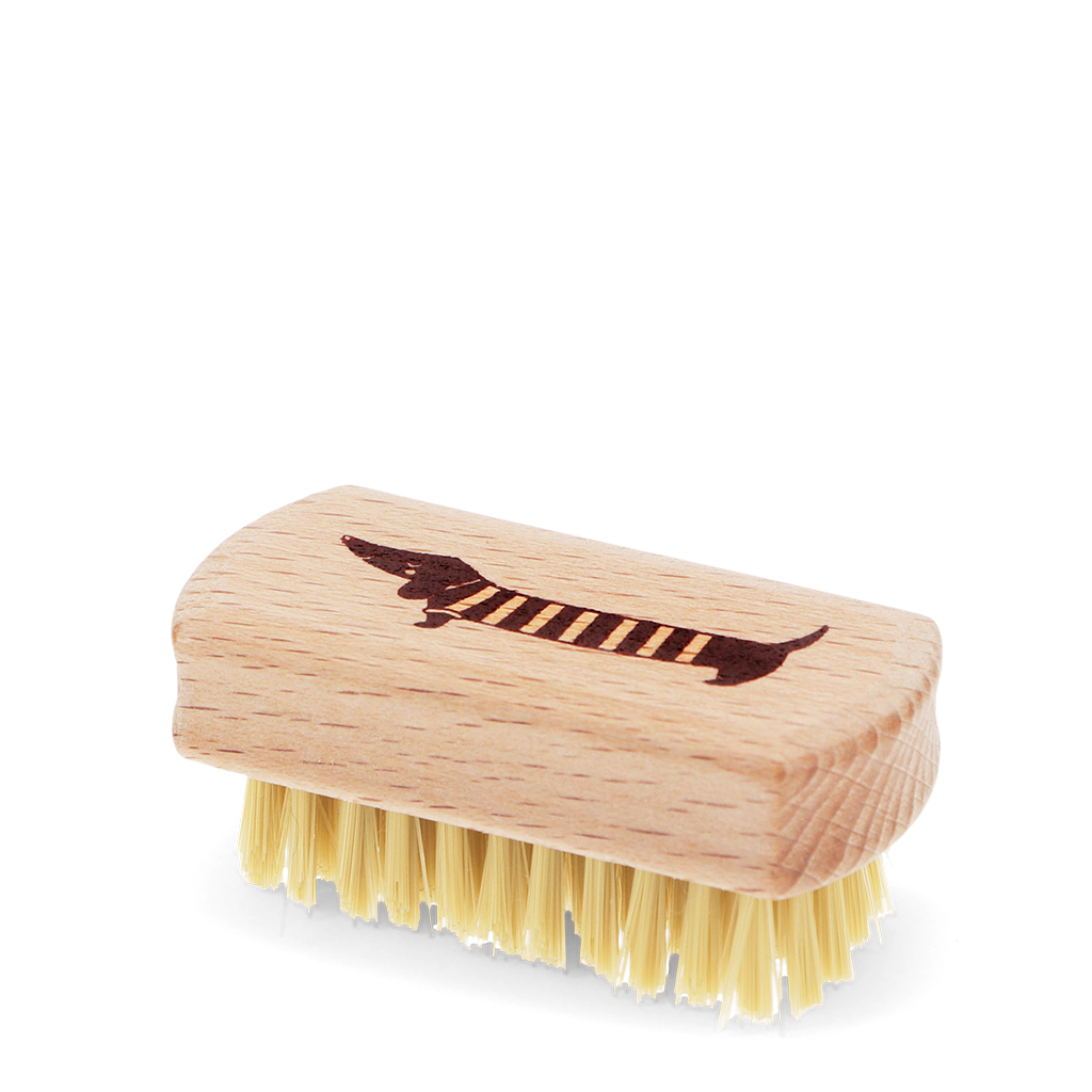 Wooden nail brush printed with a sausage dog design
