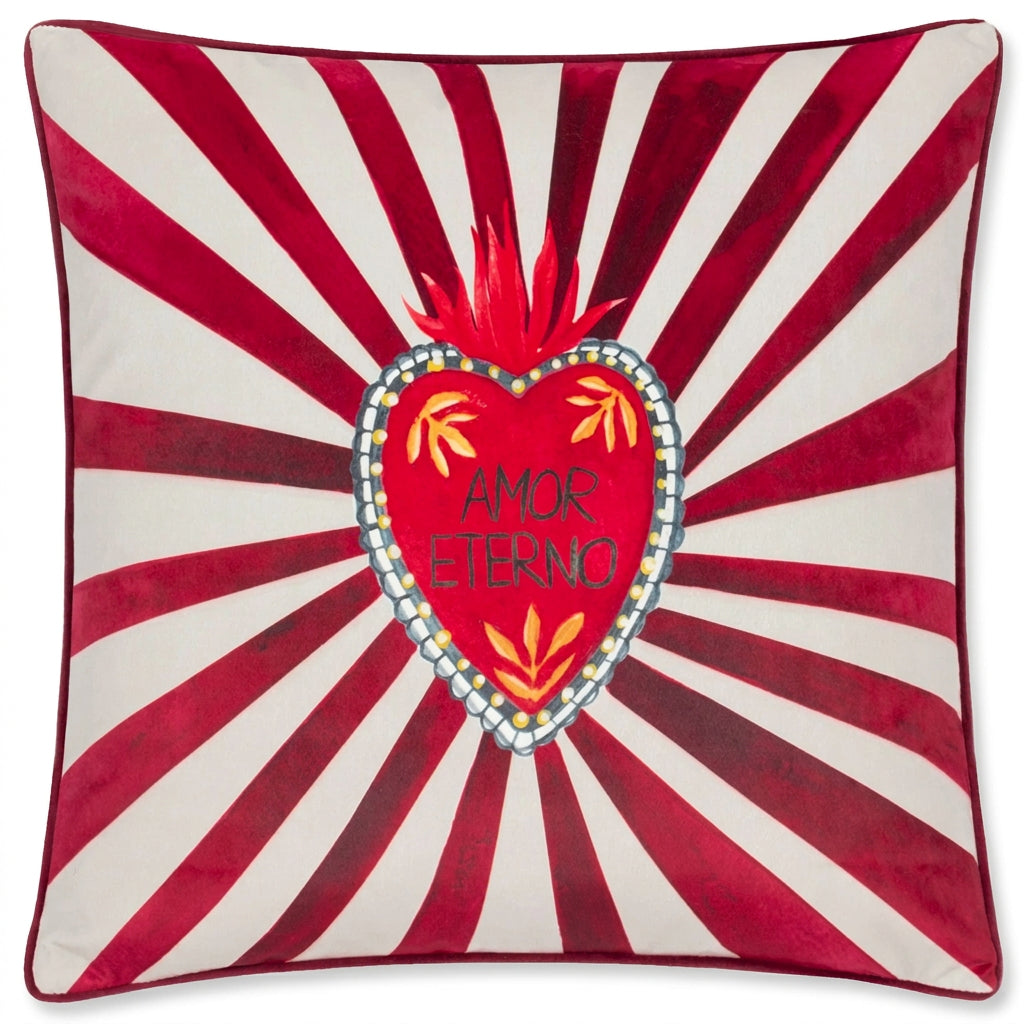 Amor Eterno sacred heart velvet cushion cover front on a white background